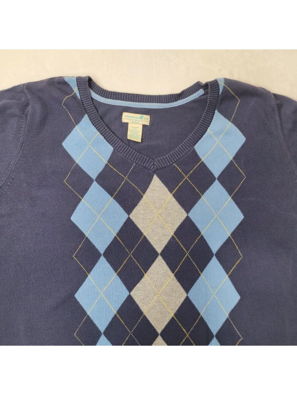 Caribbean Joe Women's Blue Argyle V-Neck Long Sleeve Sweater Size 2X - Picture 3 of 10